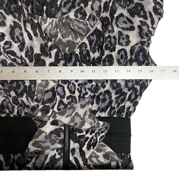 Charlie Jade 100% Silk Black Gray Leopard Ruffle Zip Sleeveless Dress Size Small - Picture 10 of 12